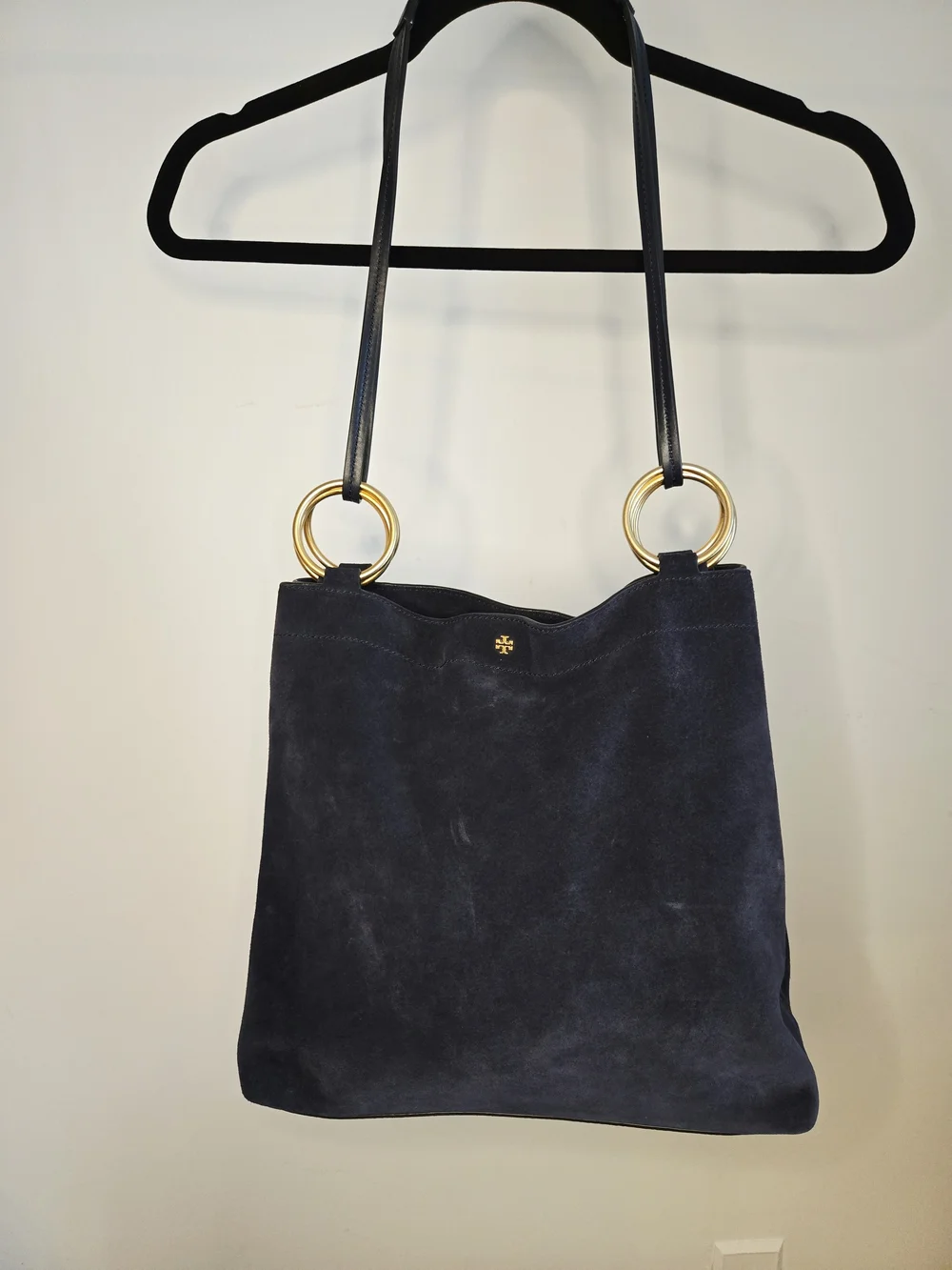 Tory Burch Navy Suede Shoulder Tote with Gold Ring Accents